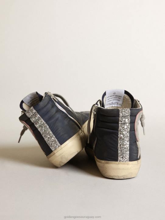 mujer Zapatillas deportivas slide ltd de nailon azul con estrella y flash de piel plateada metalizadaGolden Goose 02H6269