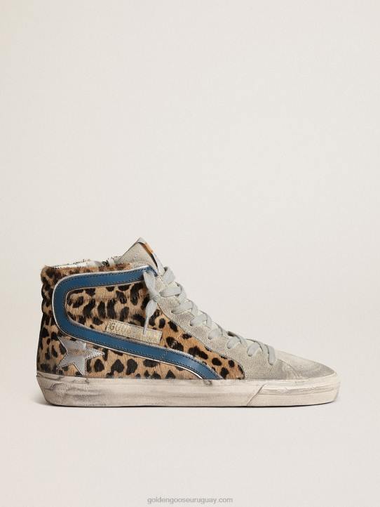 mujer chanclas de piel de potro con estampado de leopardo y estrella de piel metalizadaGolden Goose 02H625
