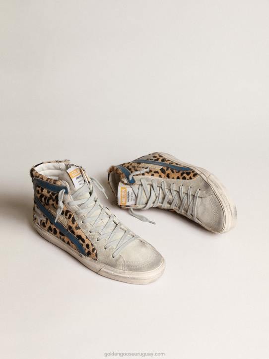 mujer chanclas de piel de potro con estampado de leopardo y estrella de piel metalizadaGolden Goose 02H625