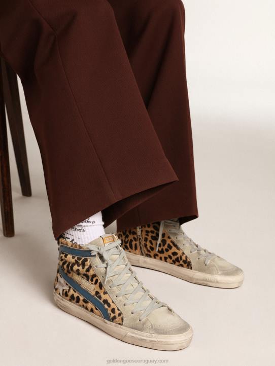 mujer chanclas de piel de potro con estampado de leopardo y estrella de piel metalizadaGolden Goose 02H625