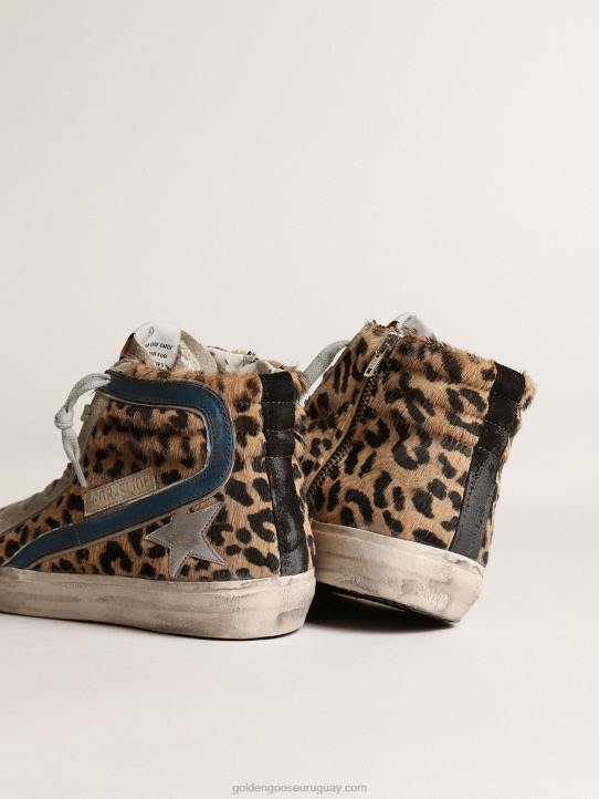 mujer chanclas de piel de potro con estampado de leopardo y estrella de piel metalizadaGolden Goose 02H625