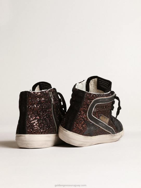 mujer chanclas en purpurina marrón con estrella de piel negra y flashGolden Goose 02H6181