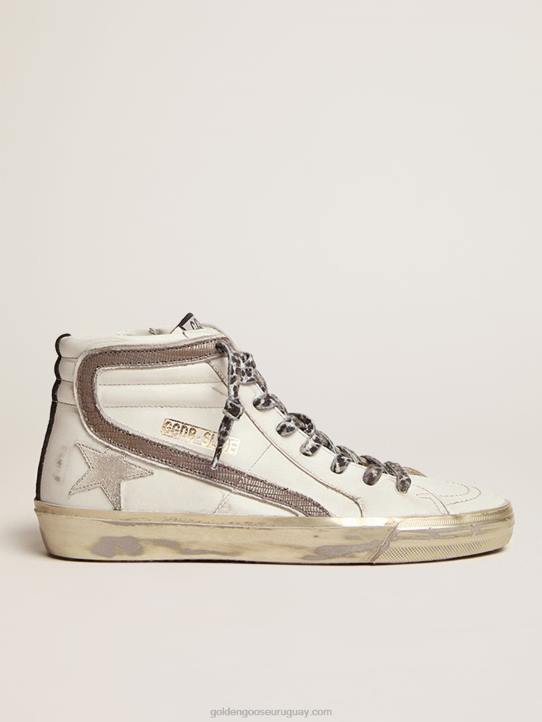 mujer zapatillas deportivas slide con estrella de ante blanco y flash de piel con estampado de lagarto gris tórtolaGolden Goose 02H6114
