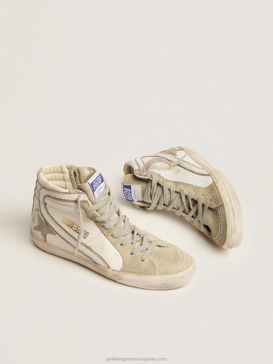mujer zapatillas deportivas slide con estrella de ante gris hielo y flash de piel blancaGolden Goose 02H651
