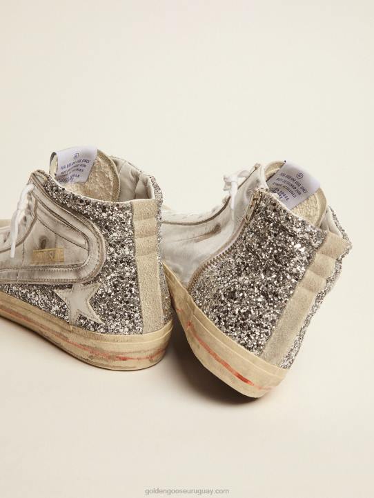 mujer zapatillas deportivas slide con pala de piel laminada y purpurina plateadaGolden Goose 02H669