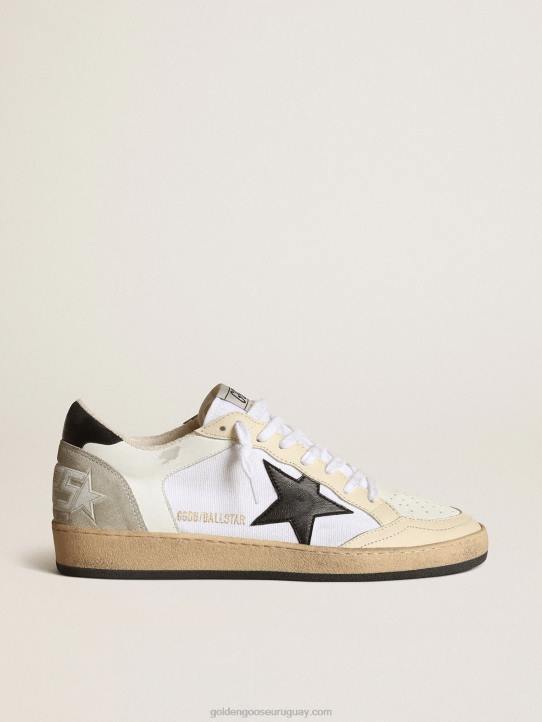 mujer Deportivas ball star de lona y piel blanca con inserciones de piel marfil y estrella de napa negraGolden Goose 02H684