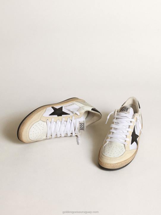 mujer Deportivas ball star de lona y piel blanca con inserciones de piel marfil y estrella de napa negraGolden Goose 02H684