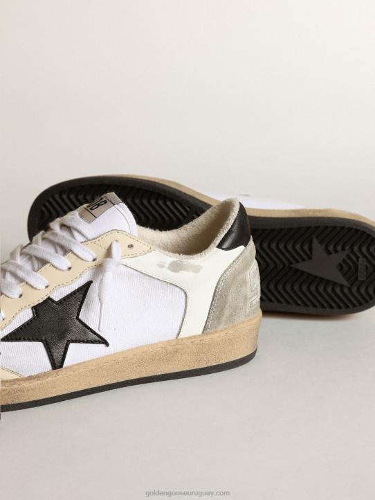 mujer Deportivas ball star de lona y piel blanca con inserciones de piel marfil y estrella de napa negraGolden Goose 02H684