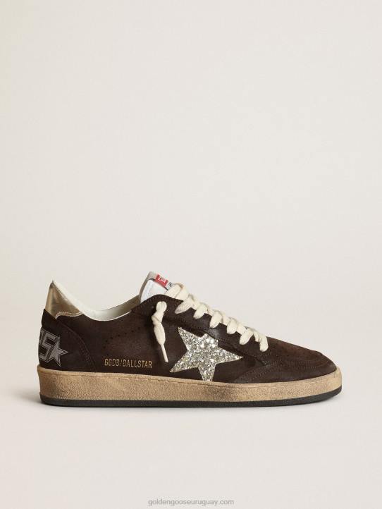 mujer Zapatillas deportivas ball star de ante marrón con estrella de purpurina platino y lengüeta de nailon blancoGolden Goose 02H6275