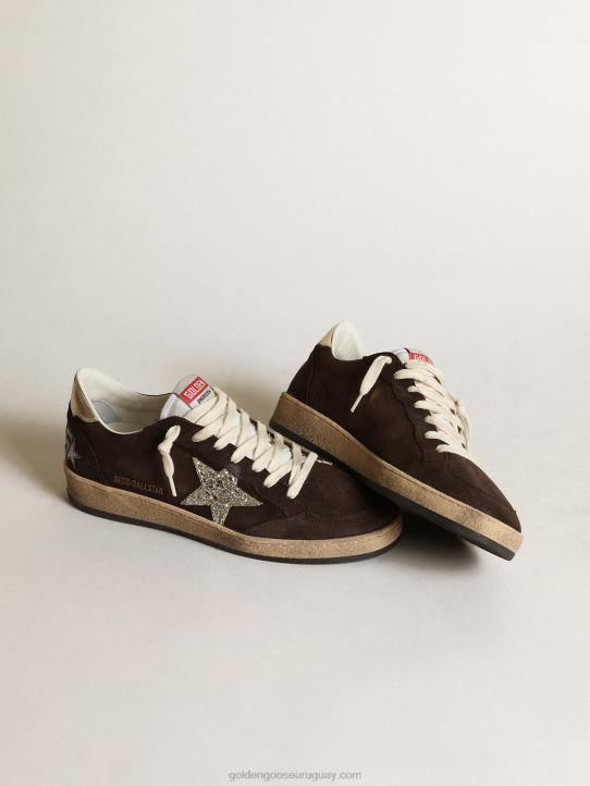 mujer Zapatillas deportivas ball star de ante marrón con estrella de purpurina platino y lengüeta de nailon blancoGolden Goose 02H6275