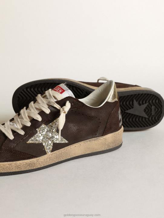 mujer Zapatillas deportivas ball star de ante marrón con estrella de purpurina platino y lengüeta de nailon blancoGolden Goose 02H6275