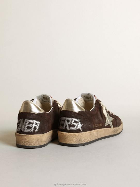 mujer Zapatillas deportivas ball star de ante marrón con estrella de purpurina platino y lengüeta de nailon blancoGolden Goose 02H6275