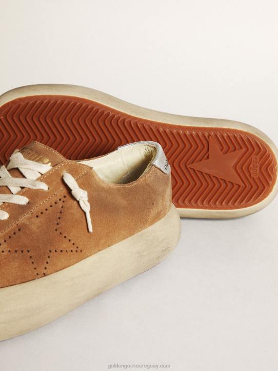 mujer Zapatos space-star de ante color tabaco con estrella perforada y refuerzo del talón de piel metalizada plateadaGolden Goose 02H6236