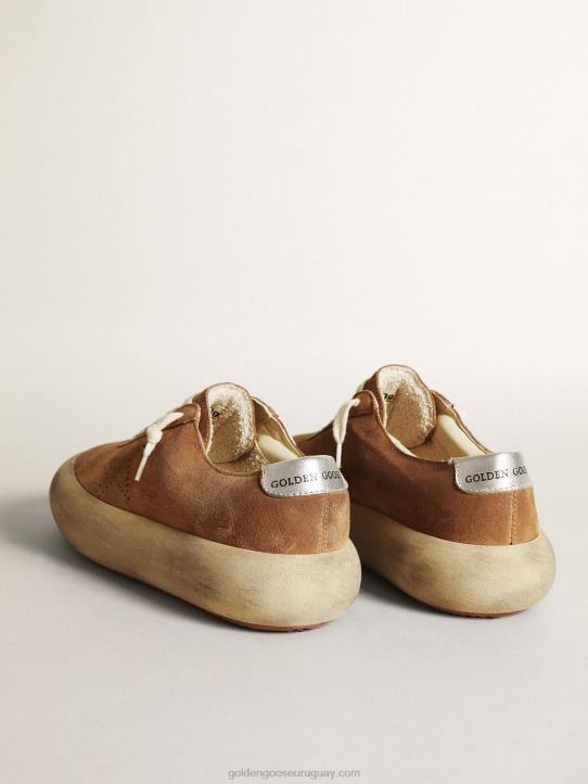 mujer Zapatos space-star de ante color tabaco con estrella perforada y refuerzo del talón de piel metalizada plateadaGolden Goose 02H6236