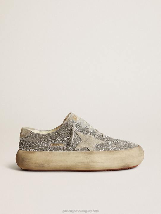 mujer zapatos space-star en purpurina plateada con estrella de ante gris hielo y refuerzo en el talónGolden Goose 02H6212