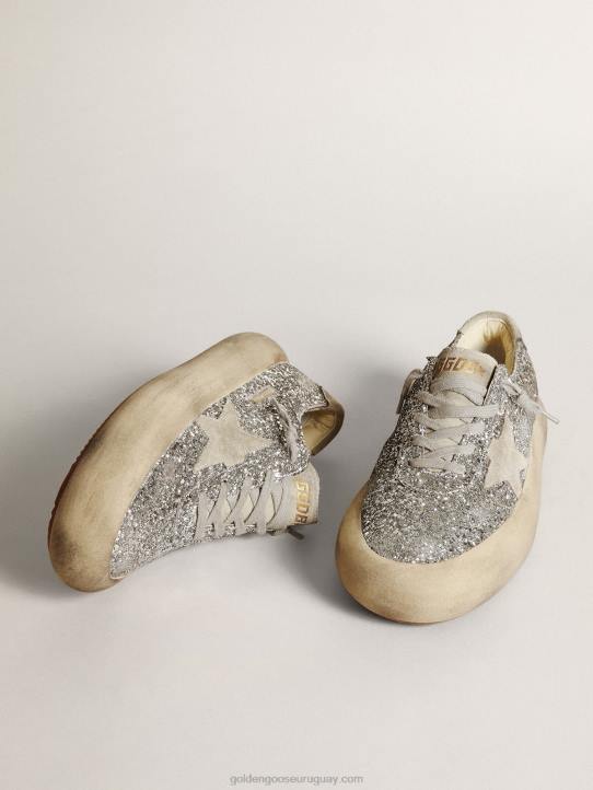 mujer zapatos space-star en purpurina plateada con estrella de ante gris hielo y refuerzo en el talónGolden Goose 02H6212