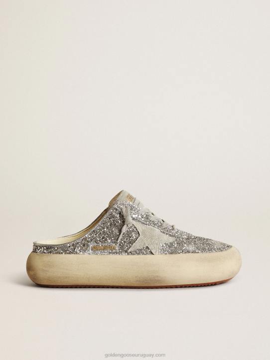 mujer zuecos de estrella espacial en purpurina plateada con estrella y lengüeta de ante gris hieloGolden Goose 02H6148