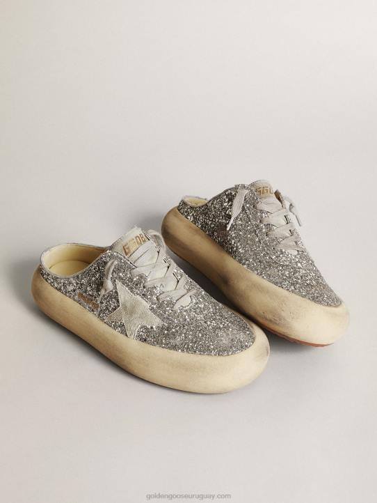 mujer zuecos de estrella espacial en purpurina plateada con estrella y lengüeta de ante gris hieloGolden Goose 02H6148