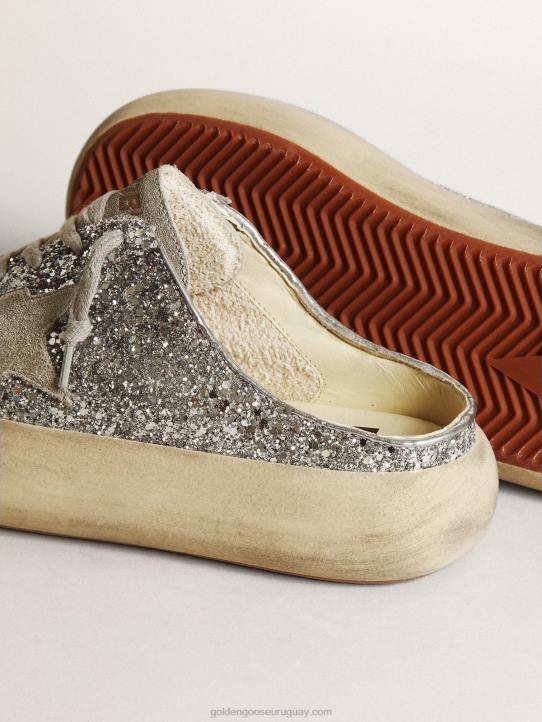 mujer zuecos de estrella espacial en purpurina plateada con estrella y lengüeta de ante gris hieloGolden Goose 02H6148