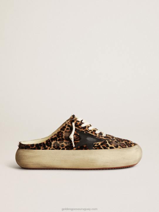 mujer zuecos space-star de piel de potro con estampado de leopardo y estrella de cuero negroGolden Goose 02H6149
