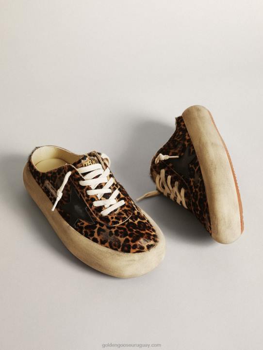 mujer zuecos space-star de piel de potro con estampado de leopardo y estrella de cuero negroGolden Goose 02H6149