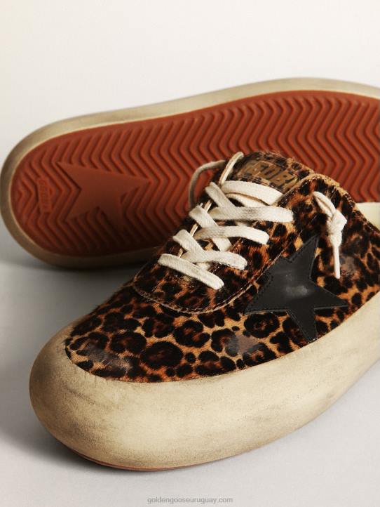 mujer zuecos space-star de piel de potro con estampado de leopardo y estrella de cuero negroGolden Goose 02H6149
