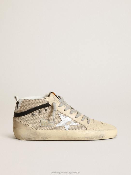 mujer Zapatillas deportivas mid star ltd de malla color crema con estrella de piel plateada metalizada y flash de piel negraGolden Goose 02H614