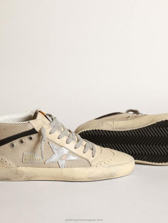 mujer Zapatillas deportivas mid star ltd de malla color crema con estrella de piel plateada metalizada y flash de piel negraGolden Goose 02H614