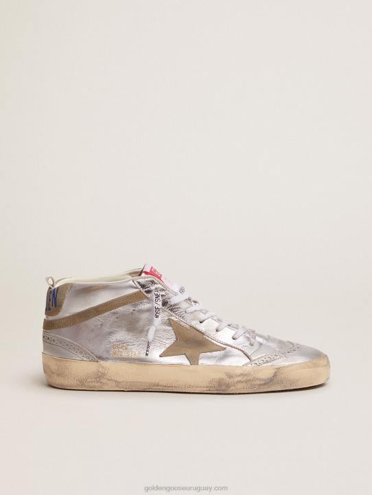 mujer Zapatillas mid star de piel plateada metalizada con estrella y flash de ante gris tórtolaGolden Goose 02H685
