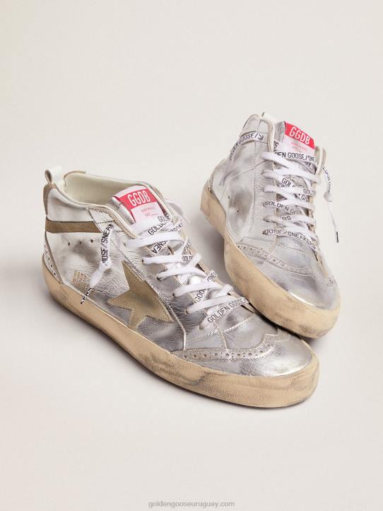 mujer Zapatillas mid star de piel plateada metalizada con estrella y flash de ante gris tórtolaGolden Goose 02H685