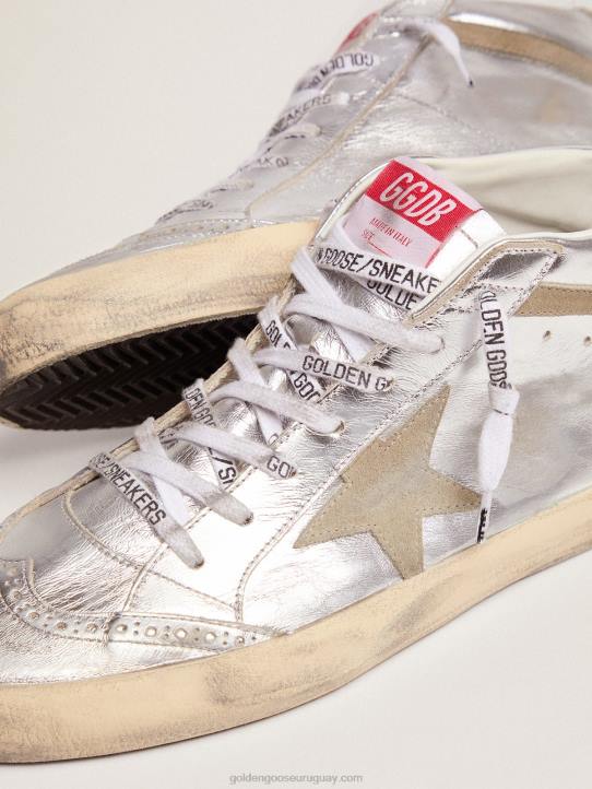 mujer Zapatillas mid star de piel plateada metalizada con estrella y flash de ante gris tórtolaGolden Goose 02H685