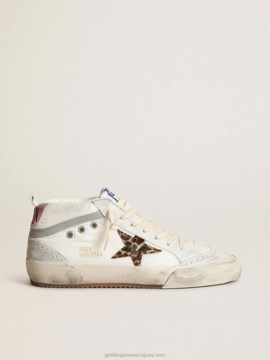 mujer Zapatillas mid star ltd de nailon blanco con estrella de piel de potro con estampado de leopardo y refuerzo del talón de piel rosa metalizadaGolden Goose 02H617