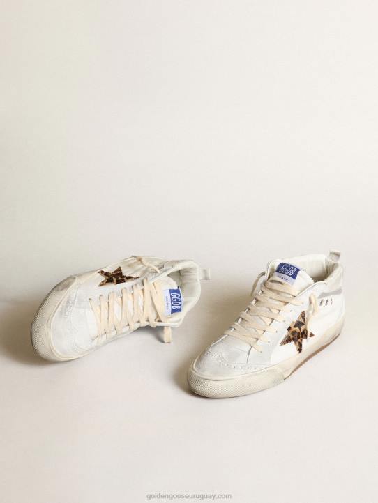 mujer Zapatillas mid star ltd de nailon blanco con estrella de piel de potro con estampado de leopardo y refuerzo del talón de piel rosa metalizadaGolden Goose 02H617