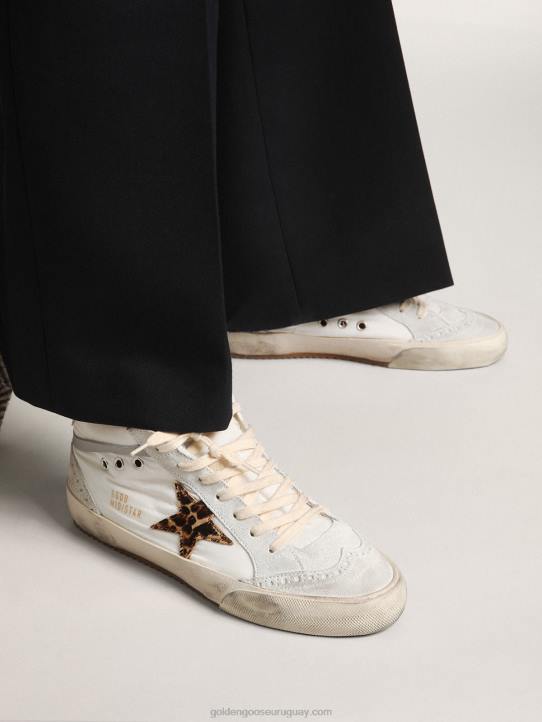 mujer Zapatillas mid star ltd de nailon blanco con estrella de piel de potro con estampado de leopardo y refuerzo del talón de piel rosa metalizadaGolden Goose 02H617