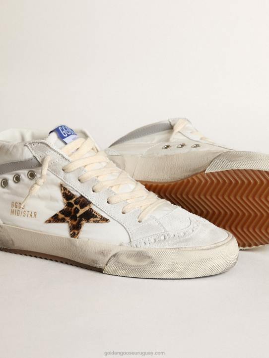 mujer Zapatillas mid star ltd de nailon blanco con estrella de piel de potro con estampado de leopardo y refuerzo del talón de piel rosa metalizadaGolden Goose 02H617
