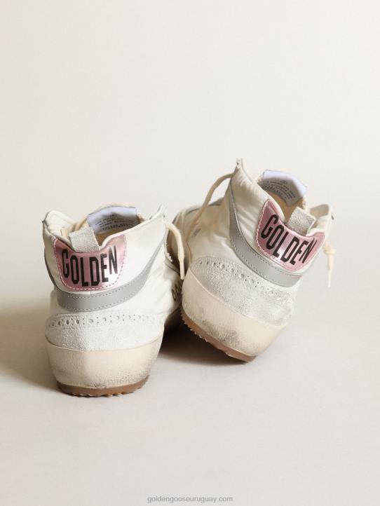 mujer Zapatillas mid star ltd de nailon blanco con estrella de piel de potro con estampado de leopardo y refuerzo del talón de piel rosa metalizadaGolden Goose 02H617