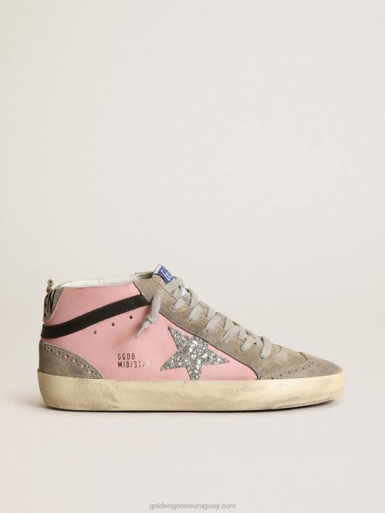 mujer Zapatillas mid star ltd de piel rosa con estrella de purpurina plateada y flash de piel negraGolden Goose 02H681