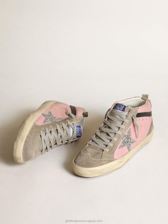 mujer Zapatillas mid star ltd de piel rosa con estrella de purpurina plateada y flash de piel negraGolden Goose 02H681