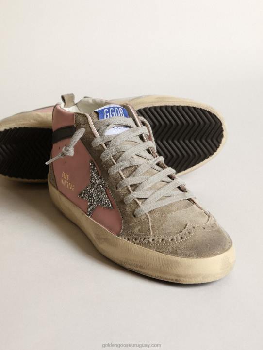 mujer Zapatillas mid star ltd de piel rosa con estrella de purpurina plateada y flash de piel negraGolden Goose 02H681