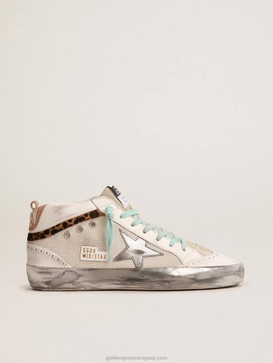 mujer zapatillas deportivas de media estrella con refuerzo del talón de piel metalizada plateada y flash de piel de potro con estampado de leopardoGolden Goose 02H656