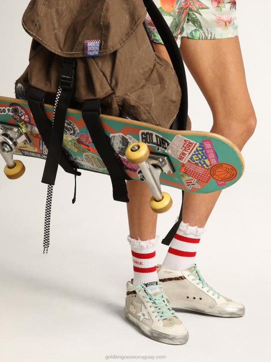mujer zapatillas deportivas de media estrella con refuerzo del talón de piel metalizada plateada y flash de piel de potro con estampado de leopardoGolden Goose 02H656