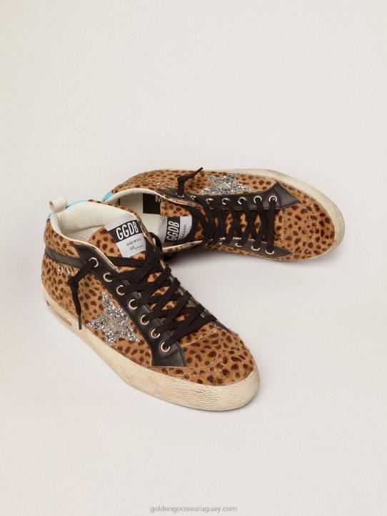 mujer zapatillas deportivas mid star de piel de potro animal print con estrella de purpurina plateadaGolden Goose 02H6110