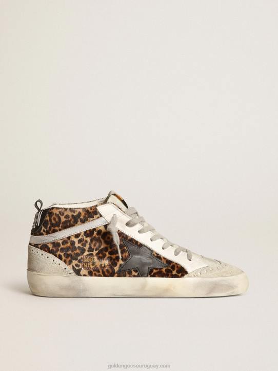 mujer zapatillas mid star de piel de potro con estampado de leopardo, estrella de piel negra y flash de piel laminada plateadaGolden Goose 02H6180