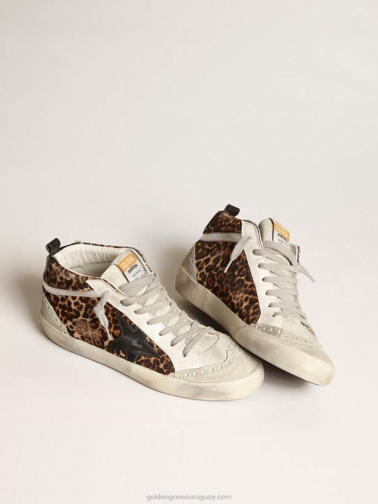 mujer zapatillas mid star de piel de potro con estampado de leopardo, estrella de piel negra y flash de piel laminada plateadaGolden Goose 02H6180