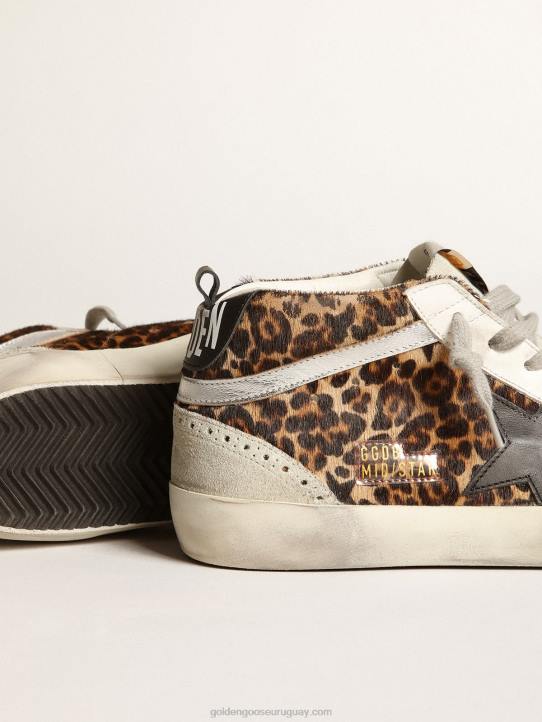 mujer zapatillas mid star de piel de potro con estampado de leopardo, estrella de piel negra y flash de piel laminada plateadaGolden Goose 02H6180