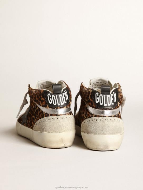 mujer zapatillas mid star de piel de potro con estampado de leopardo, estrella de piel negra y flash de piel laminada plateadaGolden Goose 02H6180