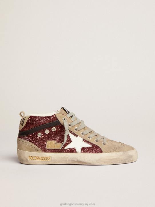 mujer zapatillas mid star en purpurina burdeos con inserciones en gris tórtola y estrella blancaGolden Goose 02H674