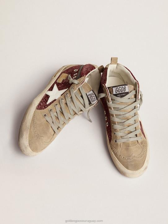 mujer zapatillas mid star en purpurina burdeos con inserciones en gris tórtola y estrella blancaGolden Goose 02H674