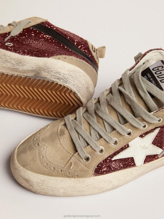 mujer zapatillas mid star en purpurina burdeos con inserciones en gris tórtola y estrella blancaGolden Goose 02H674