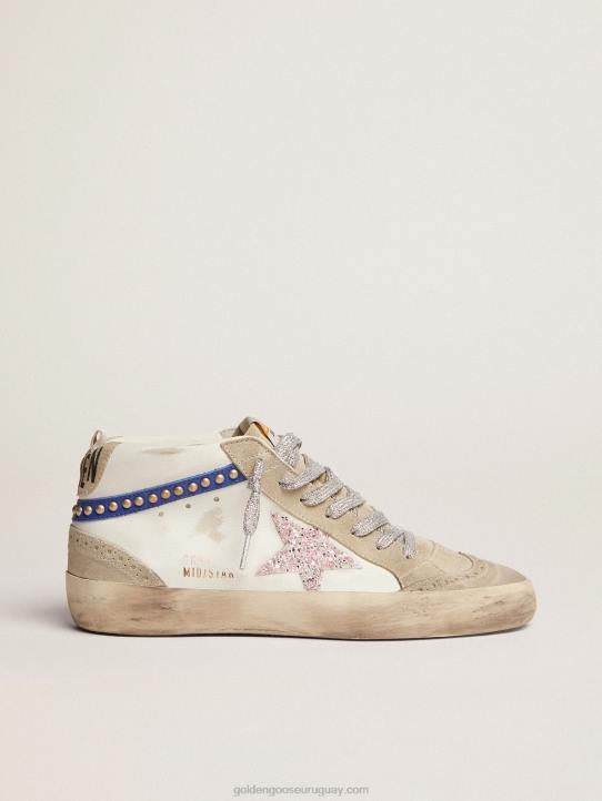 mujer zapatillas mid star ltd con estrella de purpurina blanca y rosa y flash de piel azul con tachuelas doradasGolden Goose 02H677